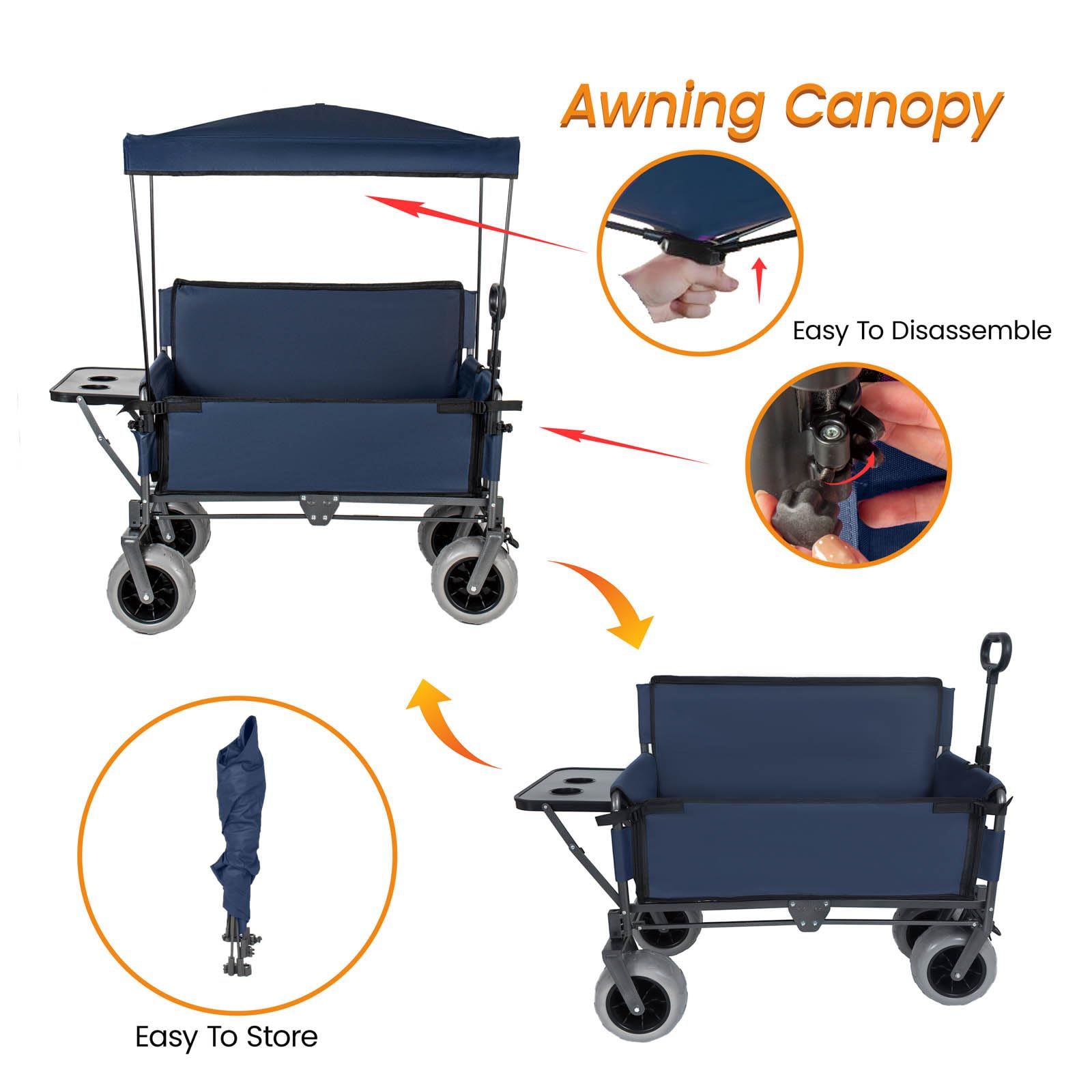 Carro utilitario plegable 3 en 1 resistente con toldo de 500 libras para camping, playa, jardín y pesca, ruedas AllTerrain, color azul para exteriores