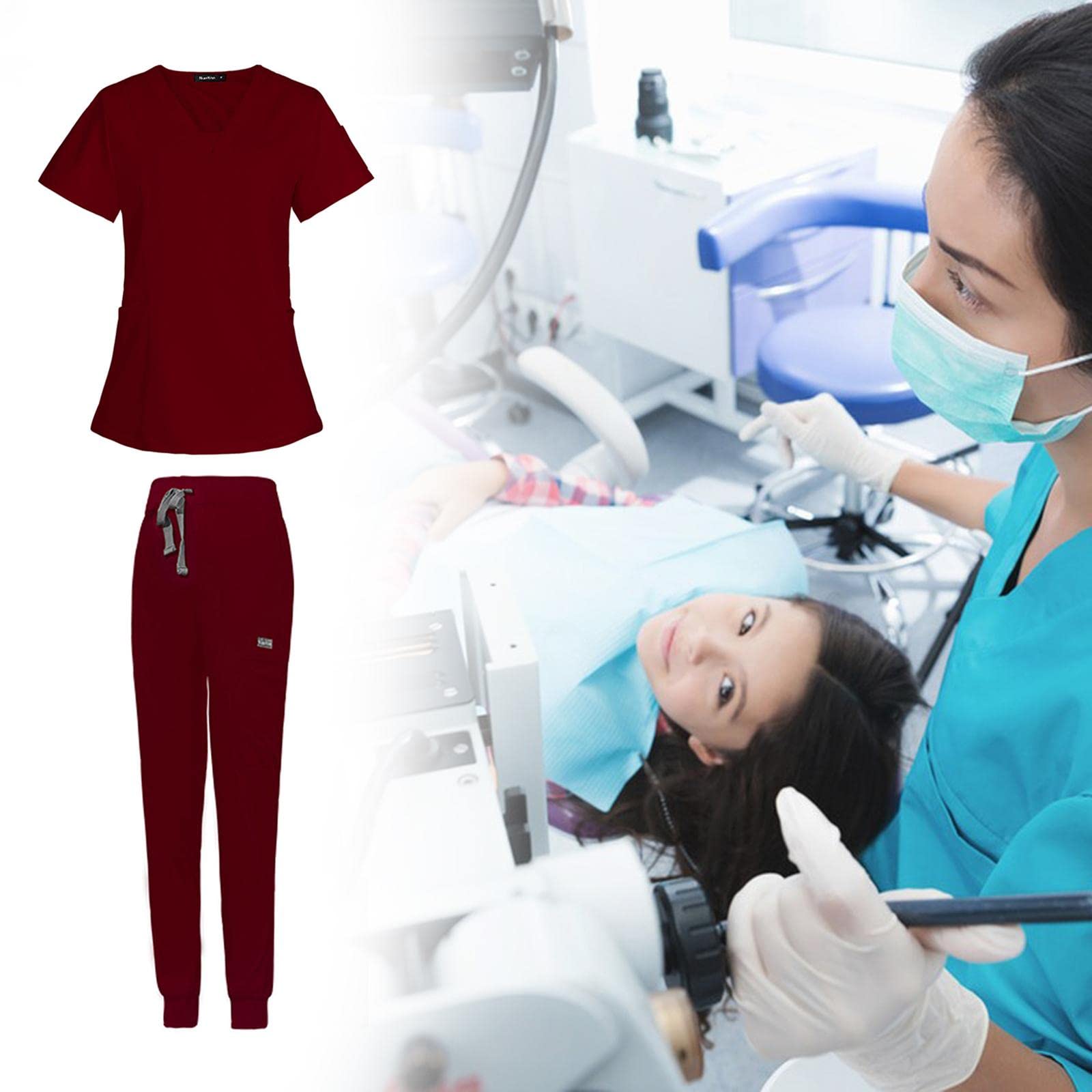 Top Mujeres Conjunto de Uniforme de Enfermería con Pantalón Jogger y Bolsillos Masajeadores Material Suave de Poliéster Lavable Adecuado para Trabajo, Rojo, l