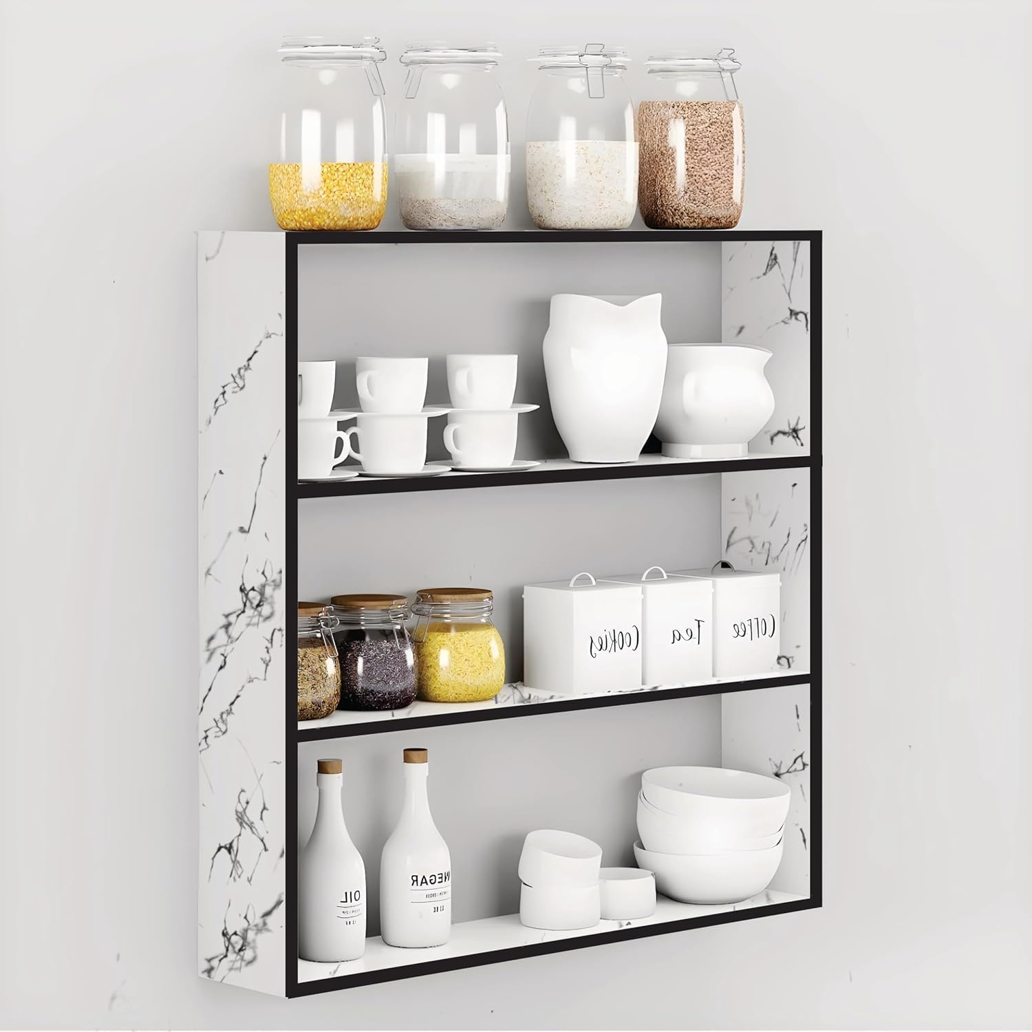TAKME Wall Mounted Storage Rack, 4-Tier Kitchen Shelf, Marble Pattern Design, White and Black-image-8