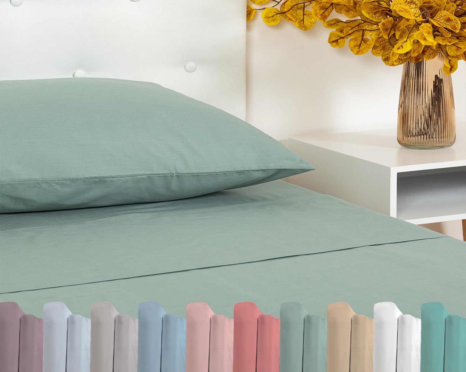 TRAMAS+ Juego de sábanas para Cama Individual, 90 x 200, 100% algodón, Ropa de Cama, sábana y 1 Funda de Almohada, Certificado Standard 100 by Oeko-Tex - Verde Veronese