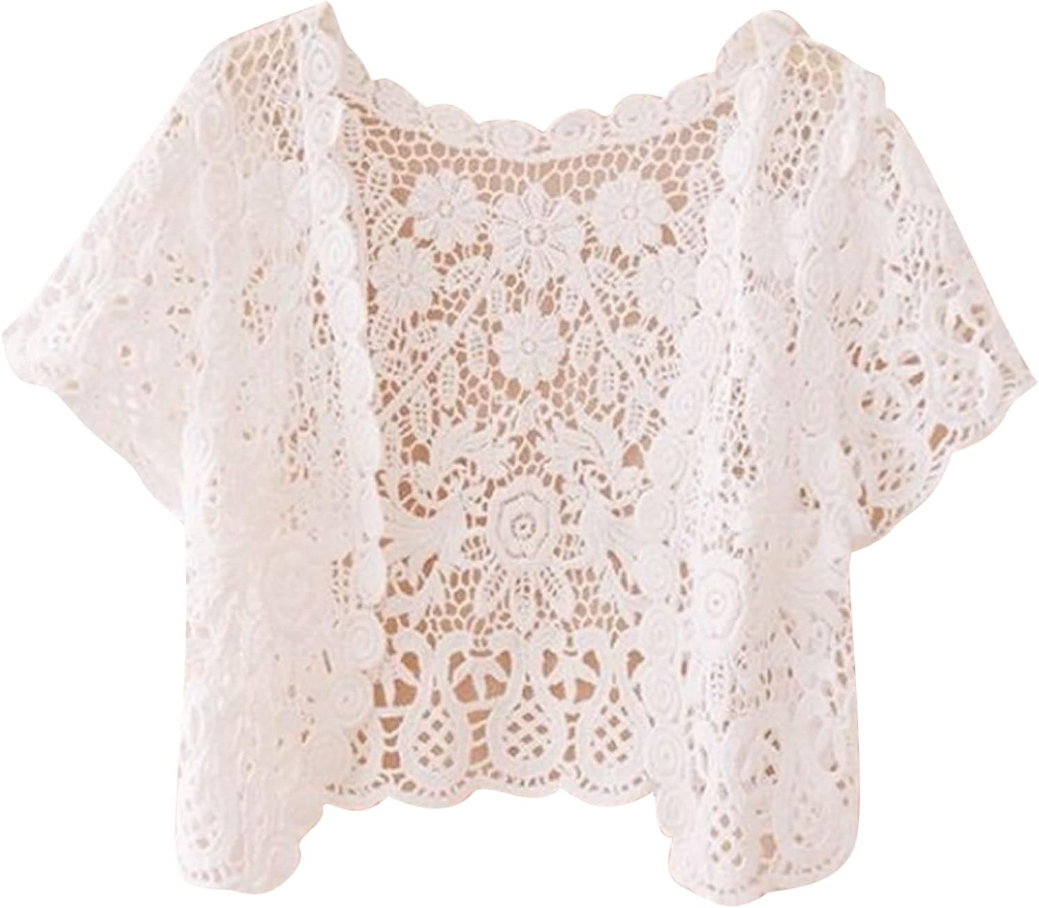 Women's Elegant Crochet Lace Cardigan | Black & Beige Floral Open Front 3/4 Sleeve Lightweight Top main image 1