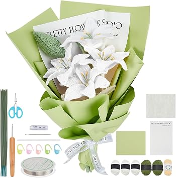 INFUNLY 5pcs Crochet Kit for Beginners Flower Bouquet Crochet Kit White Lily Knitting Starter Kit with Crochet Yarn Step-by-Step Instructions for Birthday Wedding Bridal Shower Home Decor