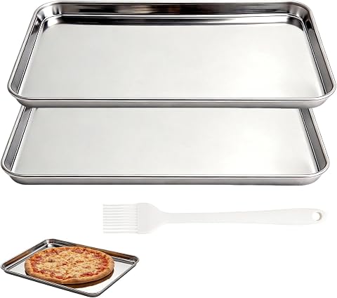 2 Piezas Bandeja Horno Acero Inoxidable con Brocha Aceite – Bandeja de Horno Rectangular 26,4×15,3cm, Resistente Al Calor, Bandejas Acero Inoxidable Cocina Fácil de Limpiar