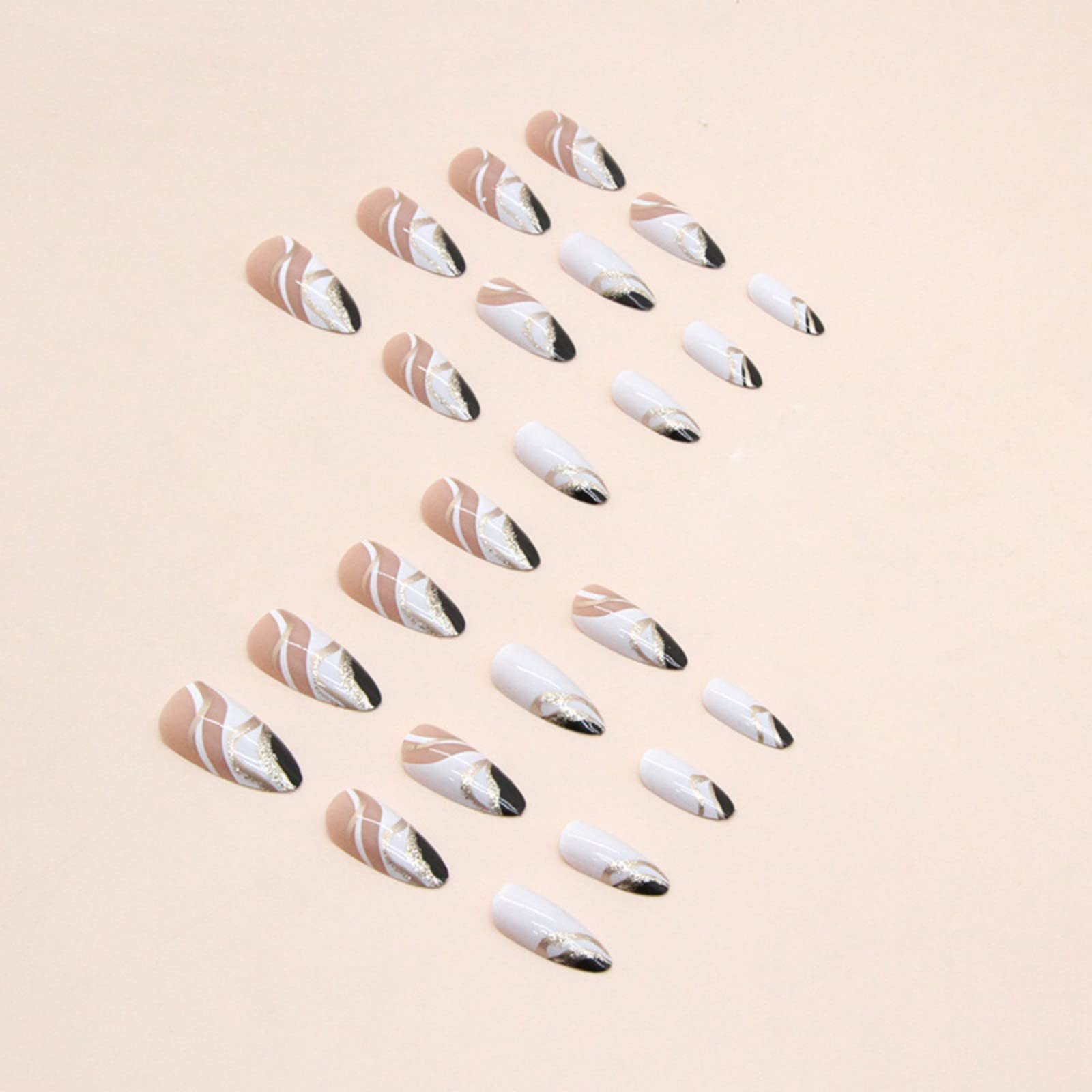 JUSTOTRY 24 Pcs Gold Stripes Almond Short False Nails,Black French Press on Nails Pattern - Image 3
