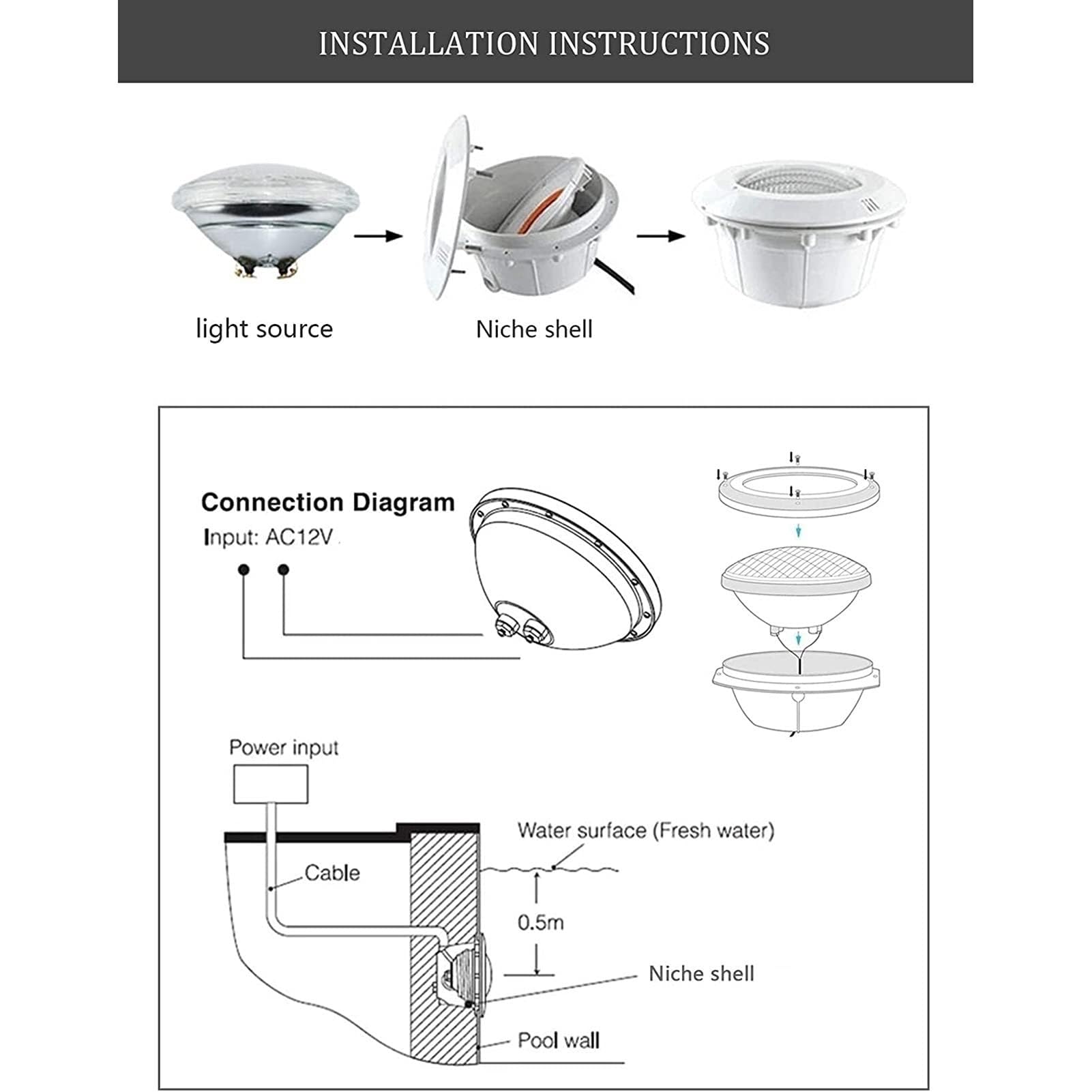 Foco Piscina - Foco LED Subacuático, con nicho ABS Luz subacuática impermeable 12V IP68, reemplazo LED Par56 para luz subacuática halógena, iluminación subacuática LED/para piscina de vinilo ( Color :
