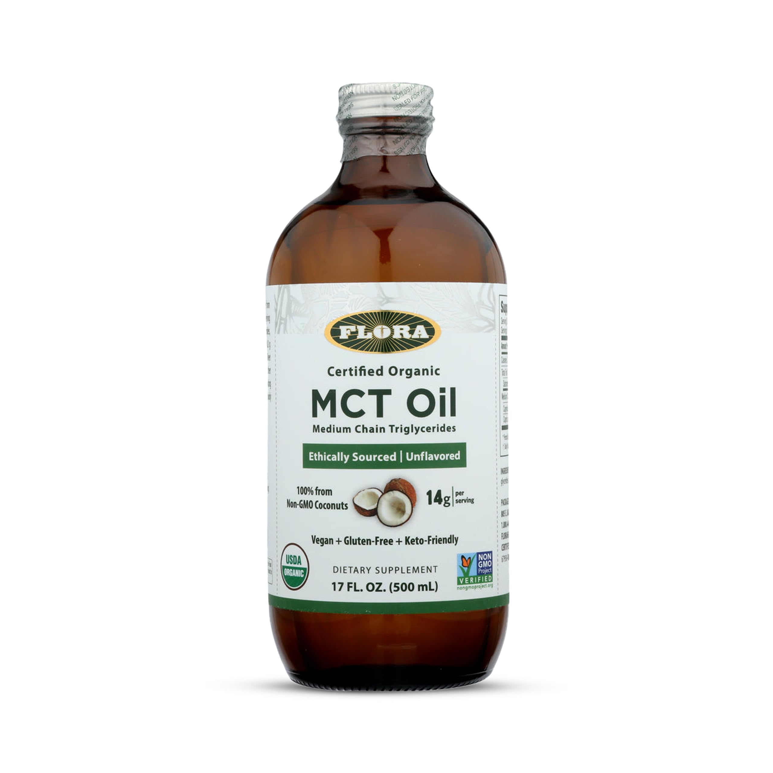 Flora Health MCT Oil Organic Energy Boost, C8 Caprylic & C10 Capric Acids, Keto, Kosher, Non-GMO Verified, 100% from Ethically and Sustainably Sourced Coconuts, 17 Fl Oz Liquid, Glass Bottle