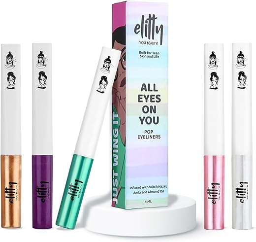 Elitty Party Pop Colour Waterproof Liquid Eyeliner Combo | Pack of 1 Matte (Purple) & 4 Metallic (Rust,Green,Silver,Pink) Shades | Long Lasting | 4 ML Each