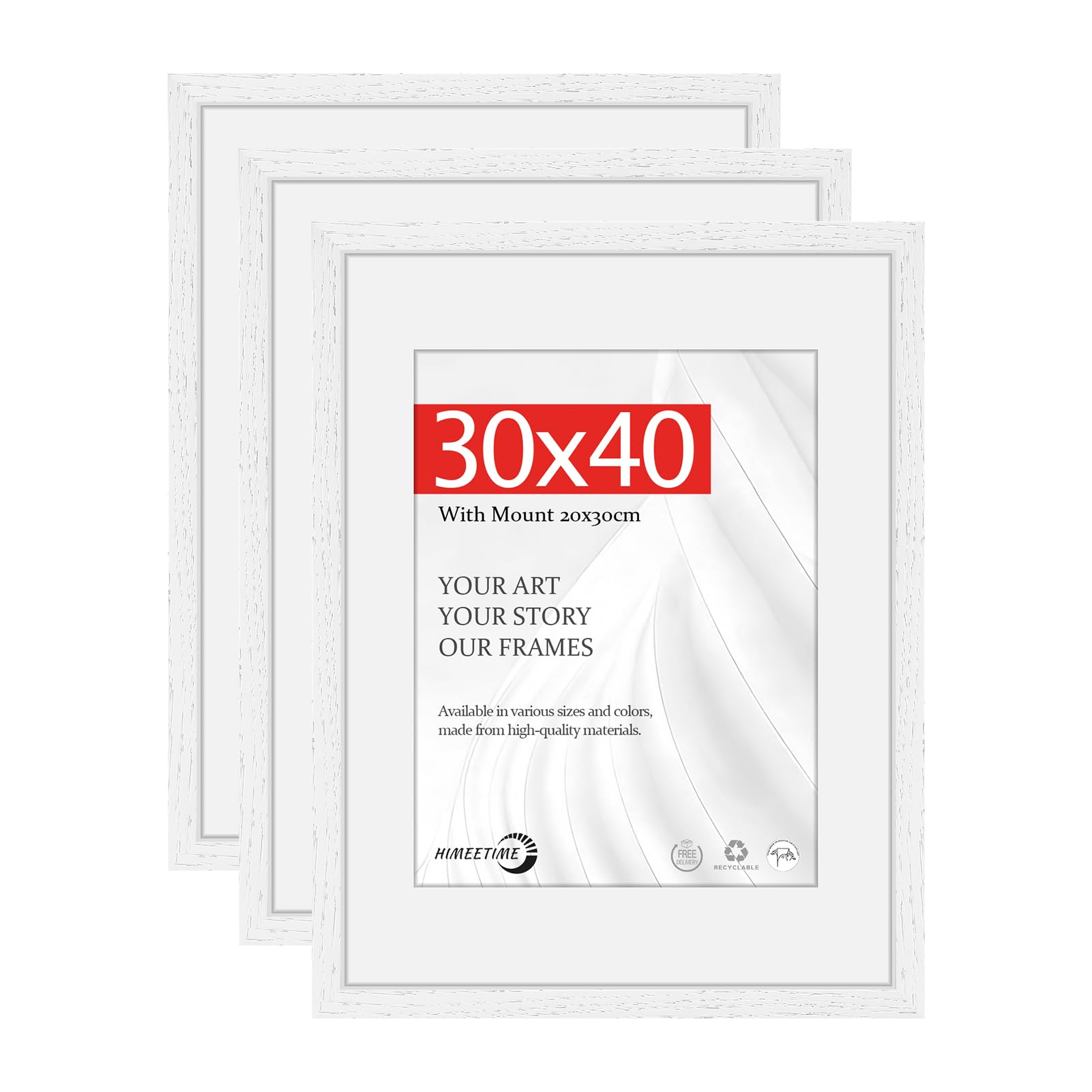 HIMEETIME® 3x 30x40cm Picture Frames | White Obeche Wood Thin Frame | 21x30cm Photo Mat Included | Large Wall Mount Photo Frame | Solid Wood