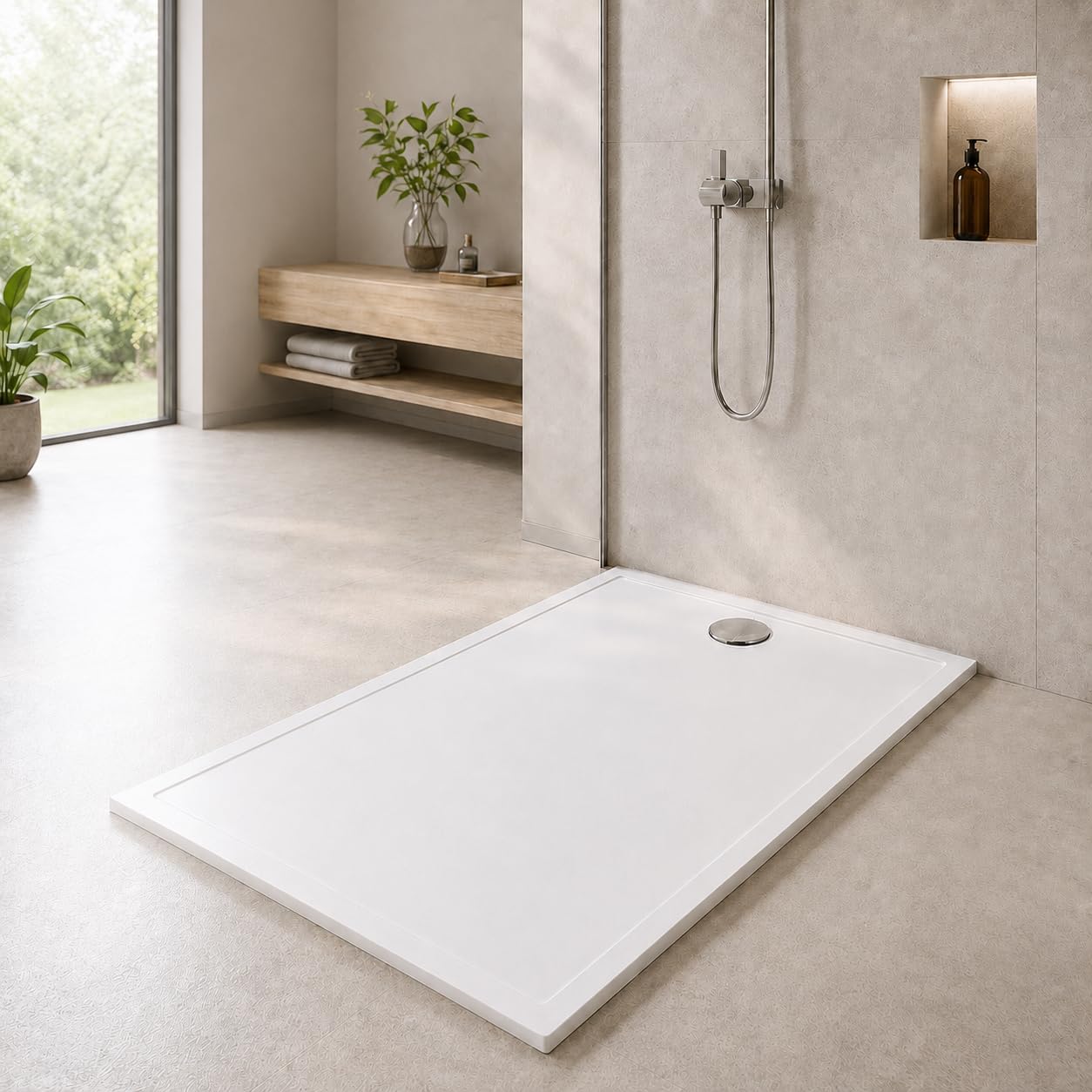 Brodzik prysznicowy klasy premium, z przyłączem DIN, płaski brodzik z zestawem odpływowym, biały, 100 x 90 cm