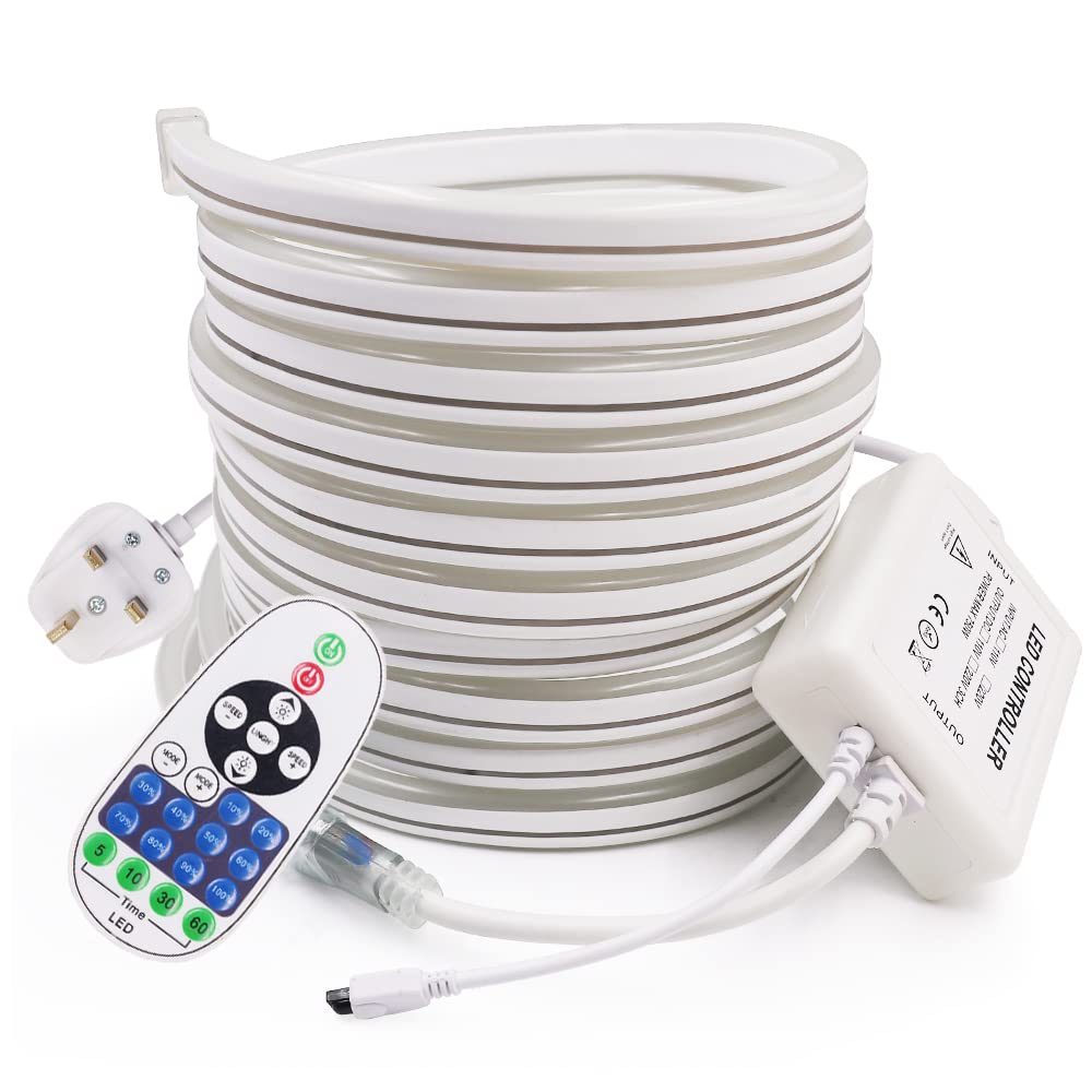 Nouveau Ruban LED Néon, Dimmable Bande LED Lumineuse avec 23 touches Gradateur, 220V Silicone IP65 Etanche 3000K Découpable Flexible Néon Lumière pour Chambre, Cuisine, Décoration