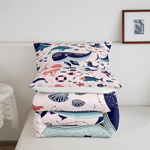 Miniatura 5 de Erosebridal Juego de edredón de animales costeros para niños y niñas, juego de ropa de cama de ballena de dibujos animados, tamaño individual, lindo