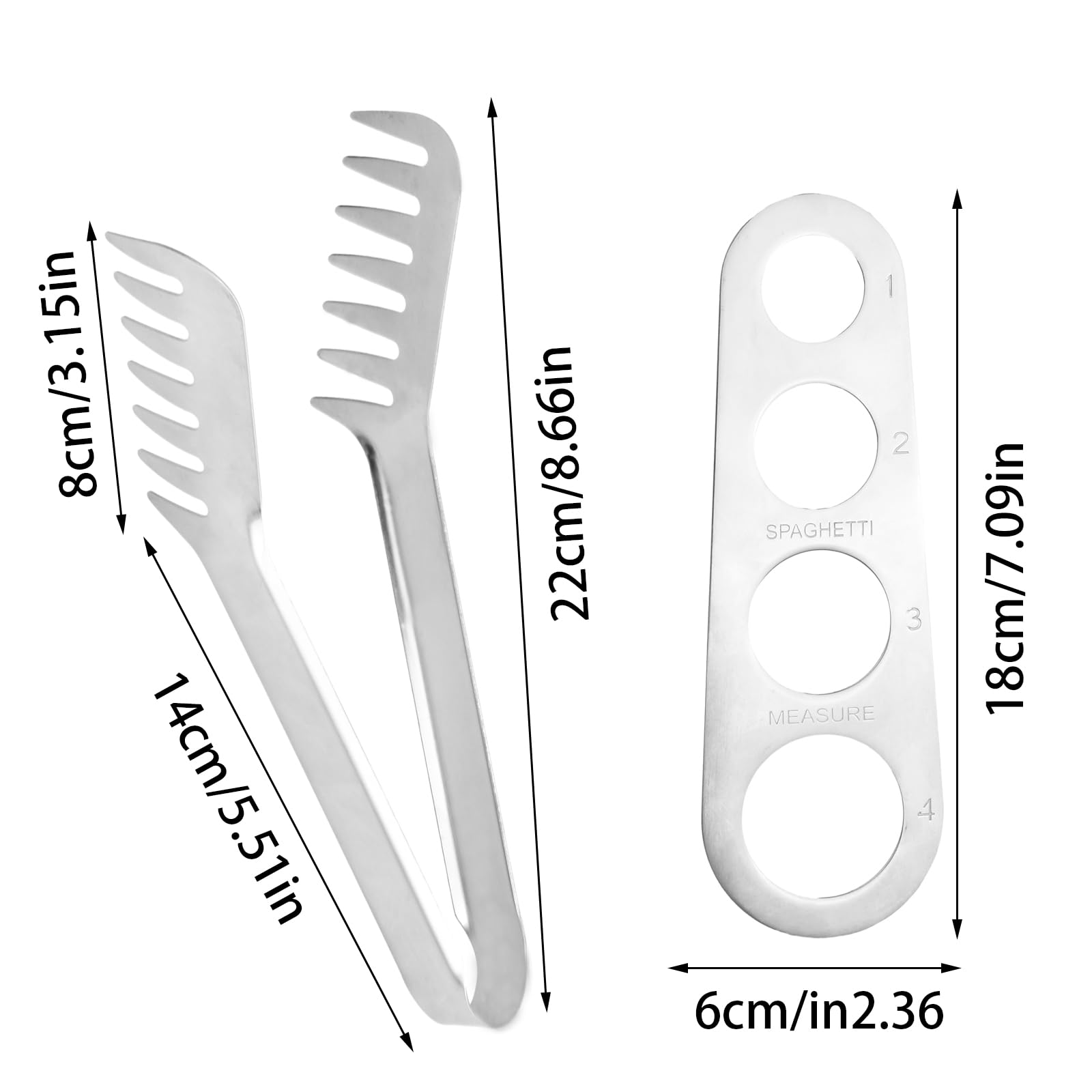 Pinza Spaguetti, Set de Servidor de Pasta, Pinzas para servir pasta de acero inoxidable, Pinzas de Cocina Tomar Pasta, servidor de espagueti y pinzas, Medidor de Espaguetis de 4 Agujeros