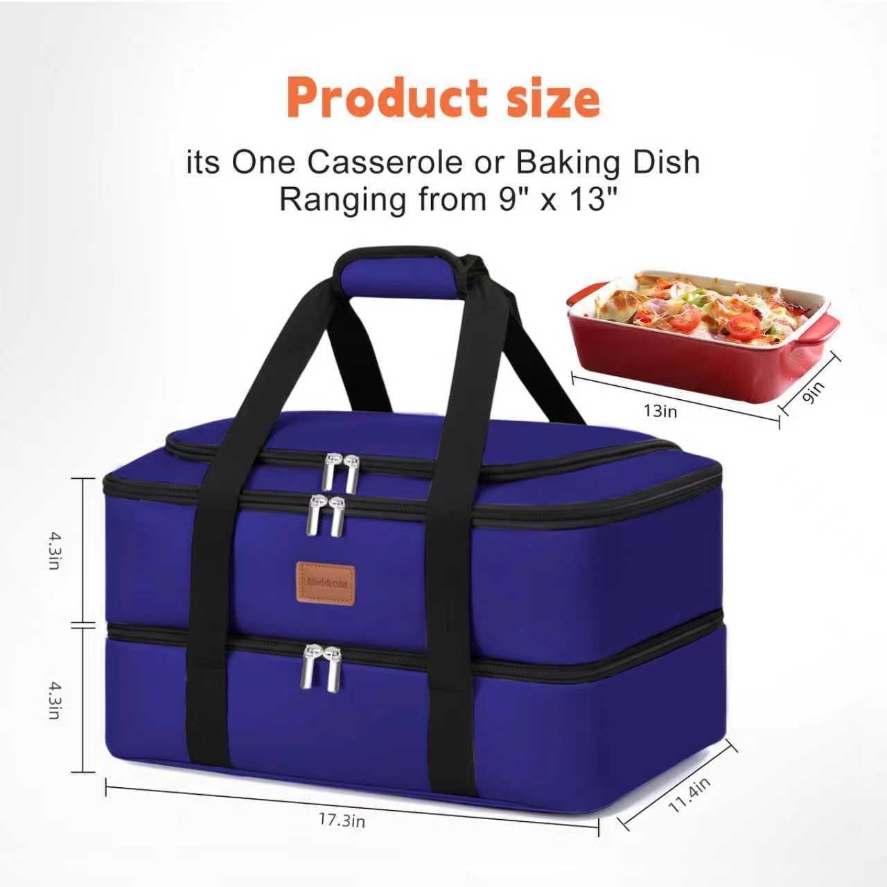 Insulated Casserole Carrier, Double Decker Food Carriers for Hot or Cold Food, Portable Leakproof Thermal Bag for Travel/Potluck Parties/Picnic/Cookouts(Blue)