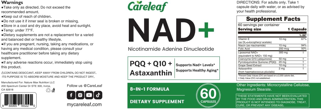 NAD+ Supplement 300mg, Liposomal NAD Boost with PQQ, Astaxanthin, Folic Acid, Vitamin E, High Purity NAD Supplement for Anti-Aging, Cell Longevity, Energy Metabolism - 60 Capsules - Image 2