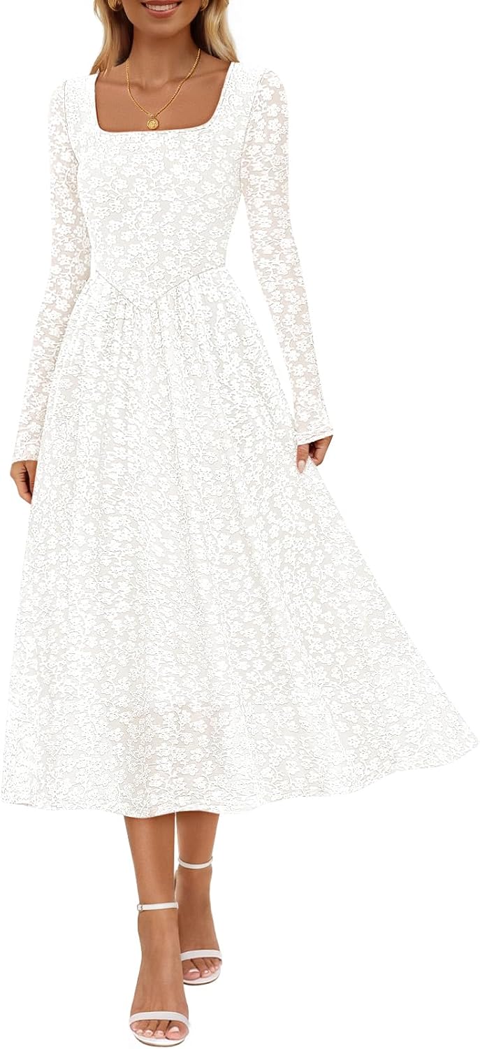 MEROKEETY Women's Floral 2025 Fall Midi Dresses Long Sleeve Square Neck Flowy A Line Wedding Ruched Dress Pockets