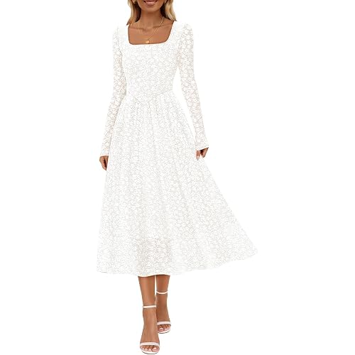 MEROKEETY Women's Floral 2025 Fall Midi Dresses Long Sleeve Square Neck Flowy A Line Wedding Ruched Dress Pockets