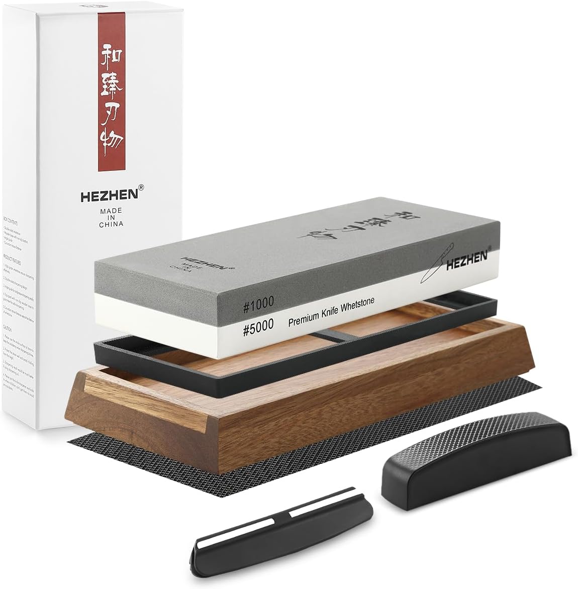 HEZHEN Extra Large Double-sided White Corundum Whetstone Knife Sharpening Stone Grit 1000/5000 Waterstone- 7.9x3.1x1.2 inch Knife Sharpener- Non-slip Acacia Wood Base & Flattening stone & Angle Guide