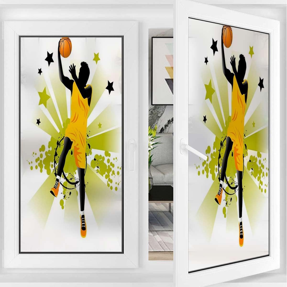 Black Green Window Film Window Privacy Film Basketball Player Silhouette Window Film Privacy Static Clings Glass Film Doodle Style Art 35.4Wx59L-inch