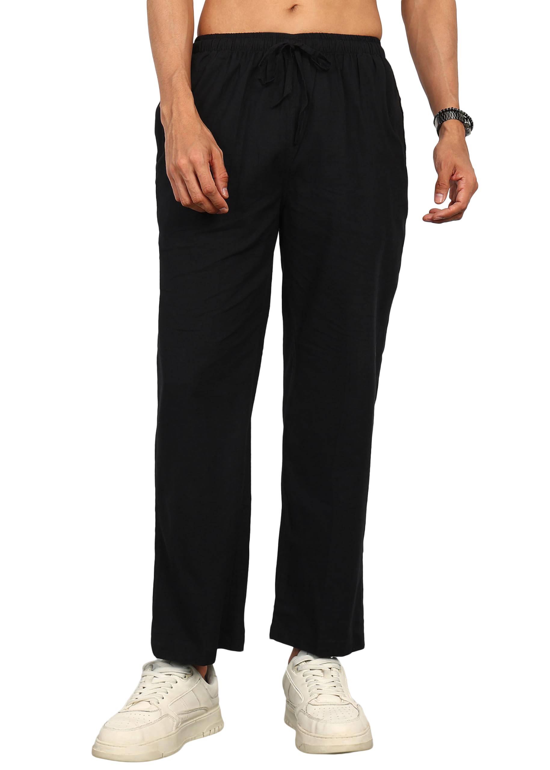 cotton lounge pants for men 100% cotton, relaxed fit with elastic waist, drawstring & side pockets. Ideal for sleep-image-0