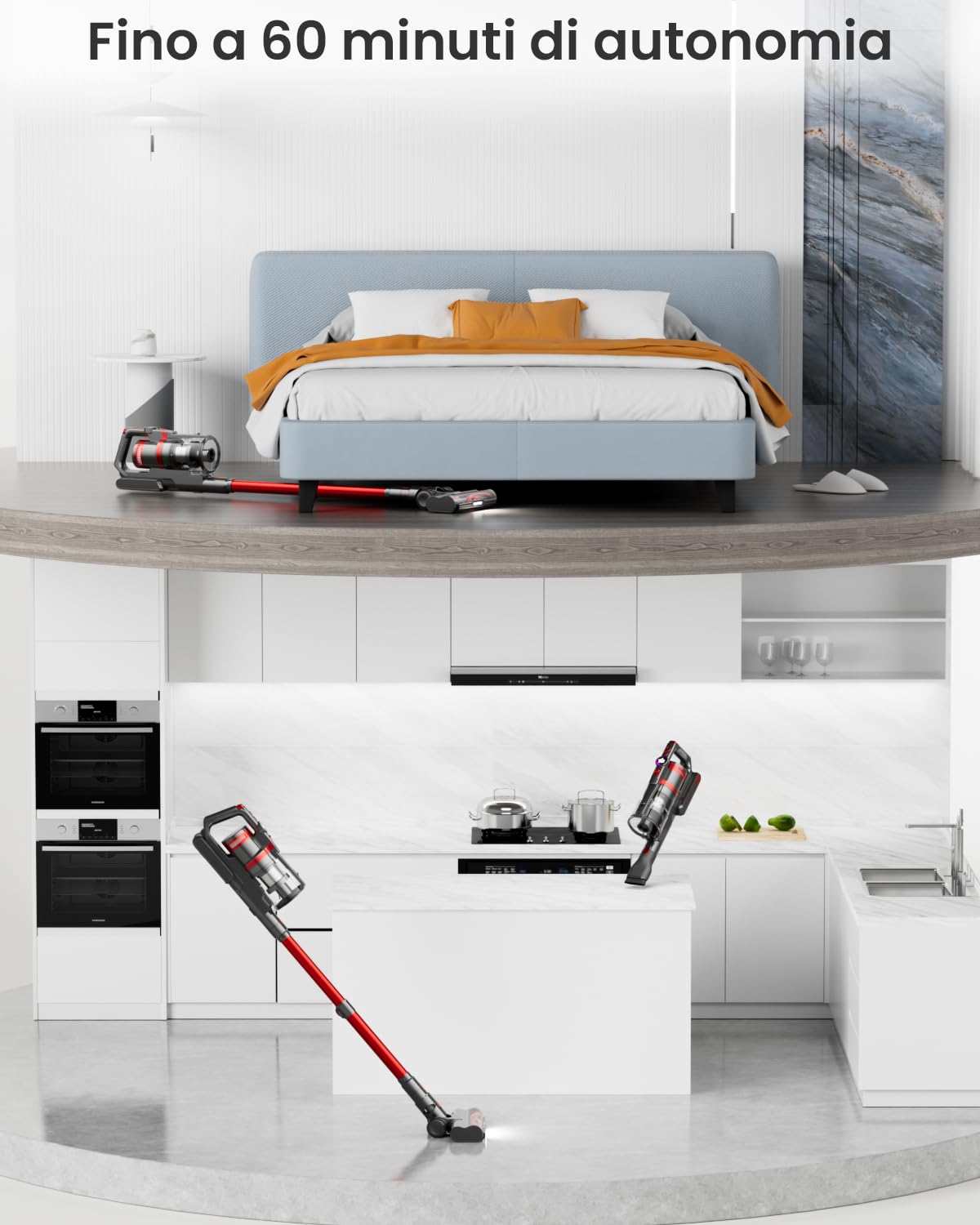 Aspirapolvere Senza Fili 40KPa/500W/60 Minuti, Scopa Elettrica Senza Fili con Funzioni 8 in 1, Filtraggio a Ciclone a 7 stadi, Aspirapolvere da con Display LED, Adatto per Pavimento/Moquette/Capelli