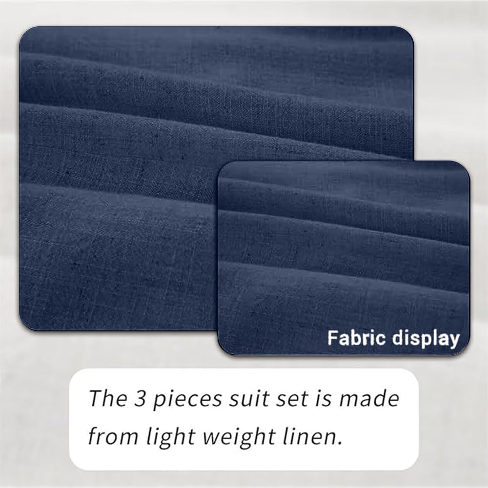 Retro Linen Suit for Men Casual Slim Fit 3 Pieces Groomsmen Suits Wedding Beach Jacket Blazer Vest Pants Tuxedo Beige