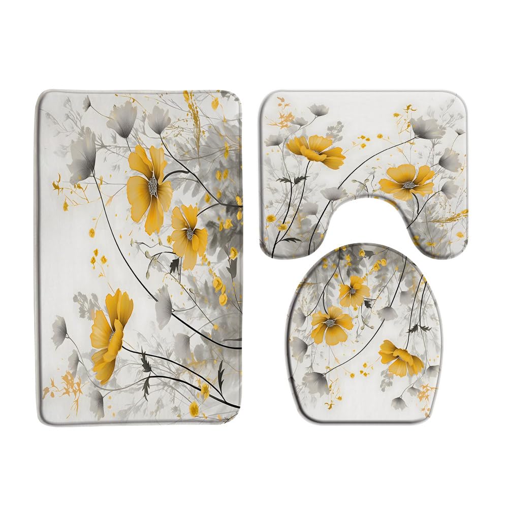 ZNLSU 3 Piece Yellow Flower Bath Mat Sets Rustic Farmhouse Watercolor Floral Leaves Modern Romantic Nature Plant Vintage Bathroom Rug Sets,17.8"x29.5"