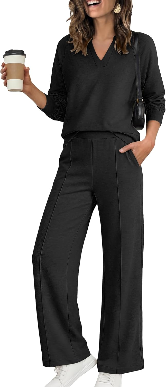 ANRABESS Women's Long Sleeve V Neck Sweatshirt 2 Piece Set | Raglan Top & Wide Leg Pants, Loose Wrinkle-Free Sweatsuit, Daily Travel Airport Matching Lounge sets, Fall Winter Outfits