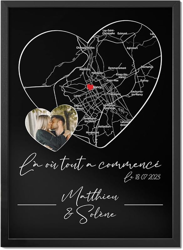 Poster personnalisé couple Coeur Là où tout a commencé, Lieu de rencontre, date de rencontre, photo et texte personnalisable, cadeau Homme Femme, Saint-Valentin, Amoureux, Cadeau couple