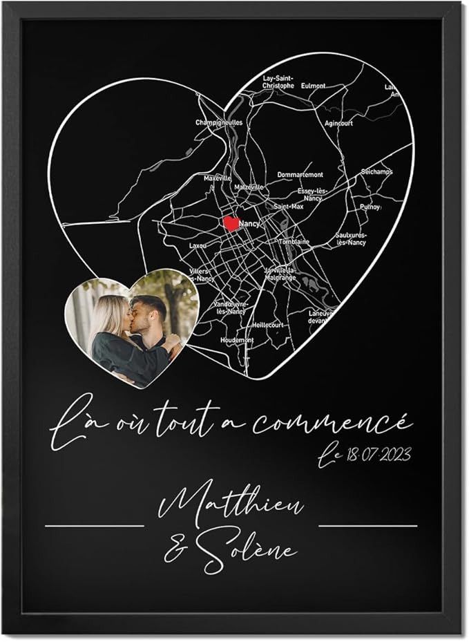Poster personnalisé couple Coeur Là où tout a commencé, Lieu de rencontre, date de rencontre, photo et texte personnalisable, cadeau Homme Femme, Saint-Valentin, Amoureux, Cadeau couple