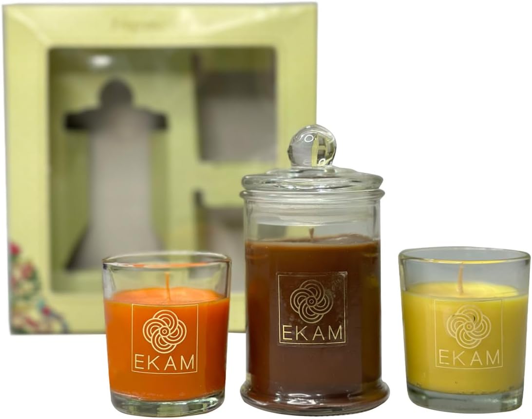 EKAM Gift Set of 3 Scented Candles| Long Lasting| Ideal for Home Decor, Aromatherapy & Gifting| Lead-Free Wick| Mahogany Apothecary Candle| Grapefruit & Mandarin and Honey & Lemon Shot Glass