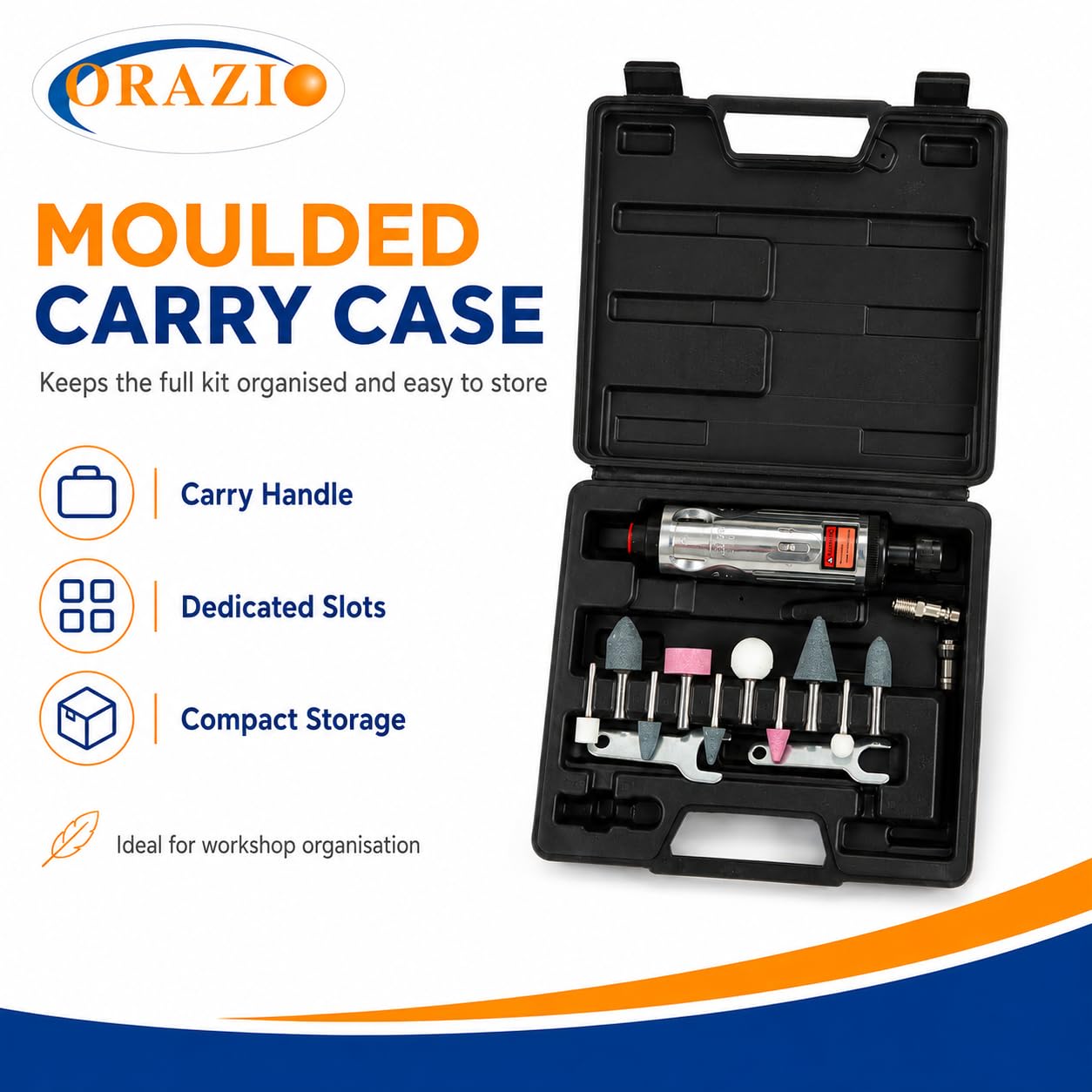 ORAZIO 212505B - Kit per smerigliatrice pneumatica, mini smerigliatrice dritta per riparazione pneumatici e altre applicazioni, con accessori da 3 mm e 6 mm, 16 pezzi