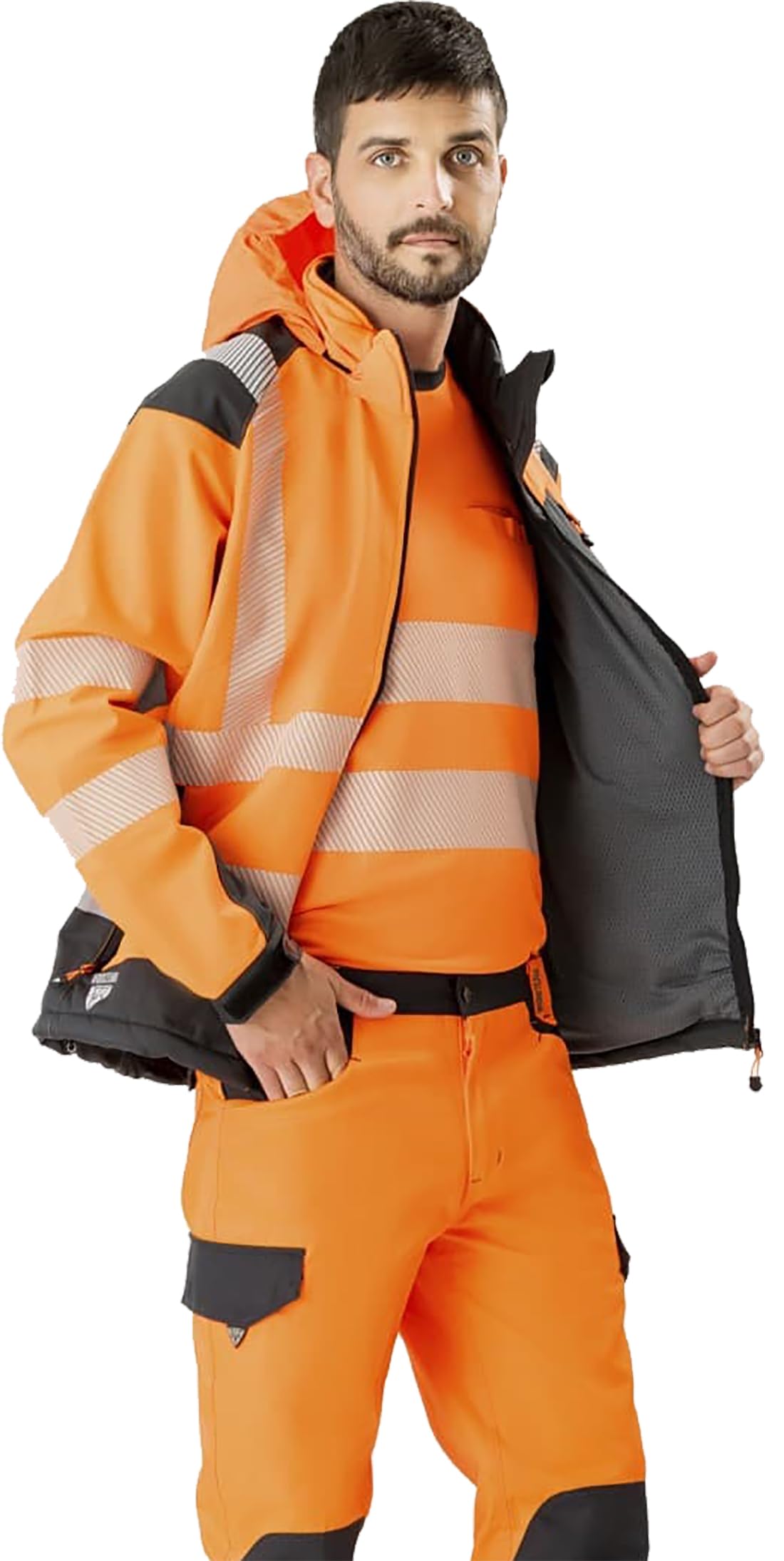 WORKTEAM Chaqueta Softshell de ALTA VISIBILIDAD, Cintas Reflectantes Discontinua, Capucha, Cortavientos, Repelente Agua, Membrana Transpirable y Alta Capacidad Térmica. Unisex