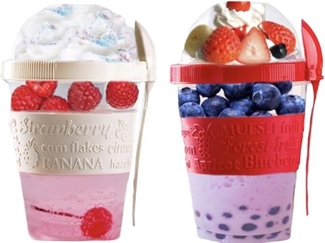 VL 2PCs Yogurt Pots Reusable 20 Oz Yoghurt Container with Lid & Spoon BPA free Breakfast Pots to GO Muesli Cereal On the Go Dishwasher Safe Lunch Box Oatmeal Jars, Set of 2 (Red, Cream)