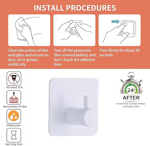 Miniatura 6 de Ganchos adhesivos blancos para toallas, ganchos de pared resistentes para puerta de baño, cocina, paquete de 4 unidades