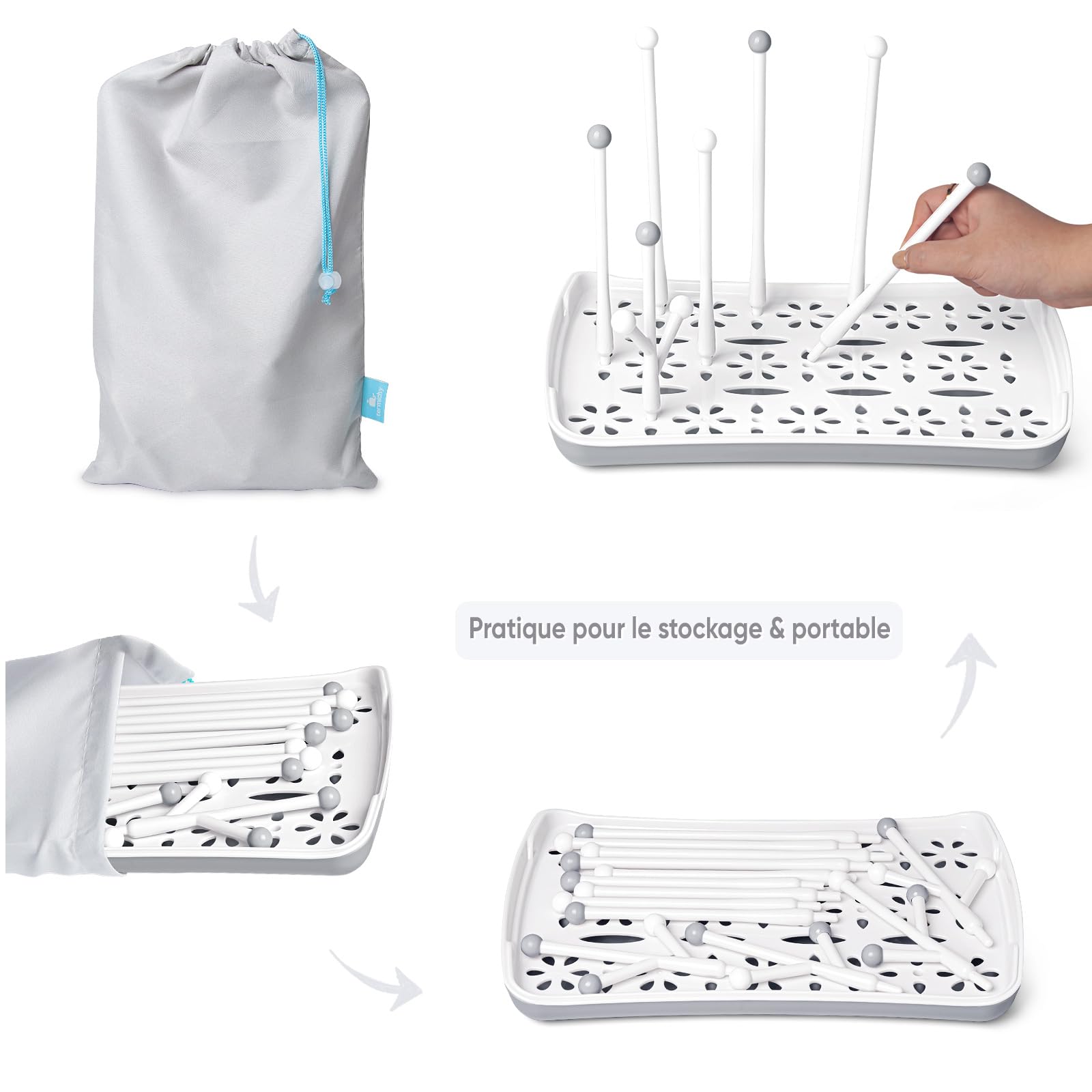 Termichy Plastique Séchoir pour biberons, égouttoir pour biberons, biberons, tétines grises, tasses et accessoires pour biberons et serviette, sans BPA (Gris)