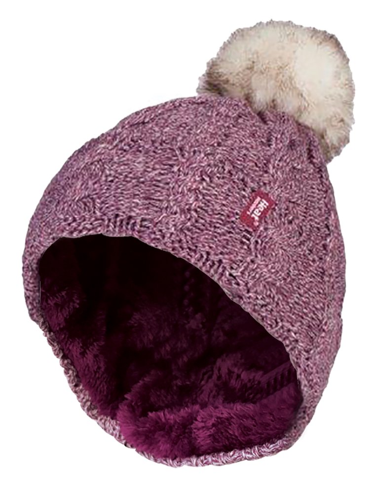 Heat Holders Women's Pink - Warm Knit Fleece Lined Cuffed Thermal Winter Bobble Hat With Pom Pom (One Size, )