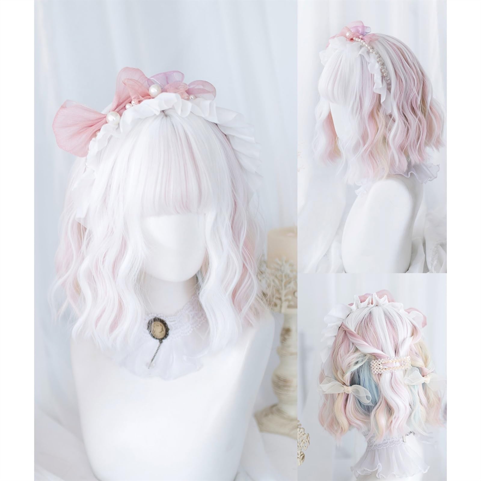 Peruka Cosplay odporna na wysokie temperatury, 30 cm, biała, różowa, dwukolorowa, syntetyczna peruka z grzywką, krótka, naturalna, falowana peruka dla kobiet