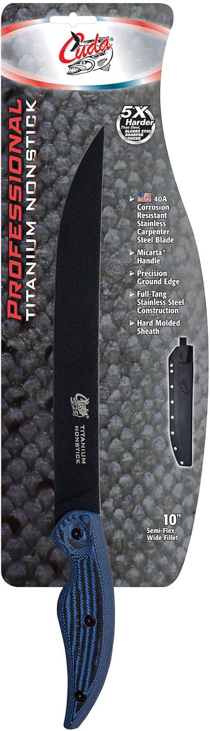 Cuda Semi-Flex Wide Fillet Professional Saltwater Precision Ground Edge Corrosion Resistant Fish Knife with Hard Molded Sheath Included