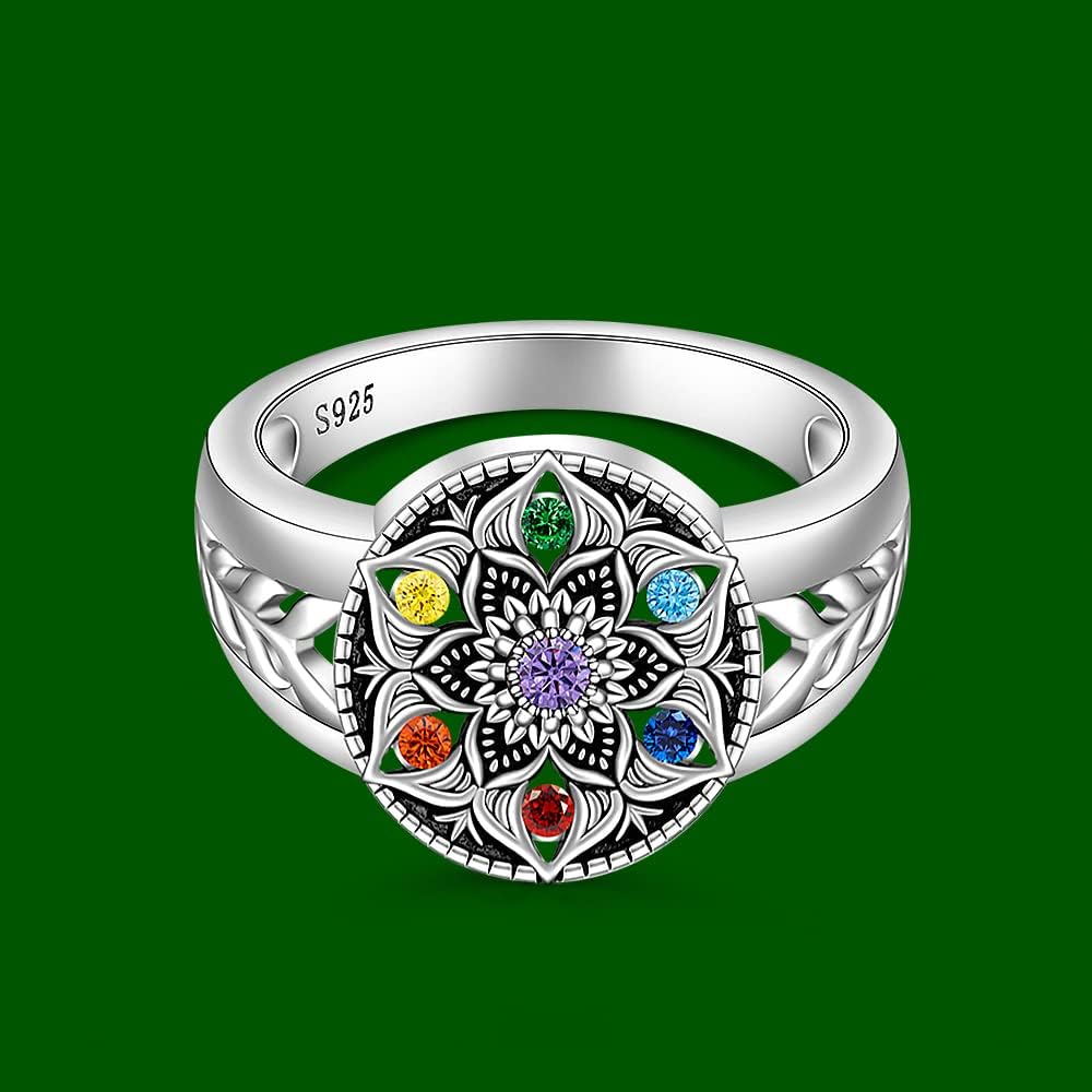 Mandala Chakra Ring Yoga Lotus Flower Rings for Women Sterling Silver Healing Crystal 7 Chakra Balance Jewelry Gifts - Image 8