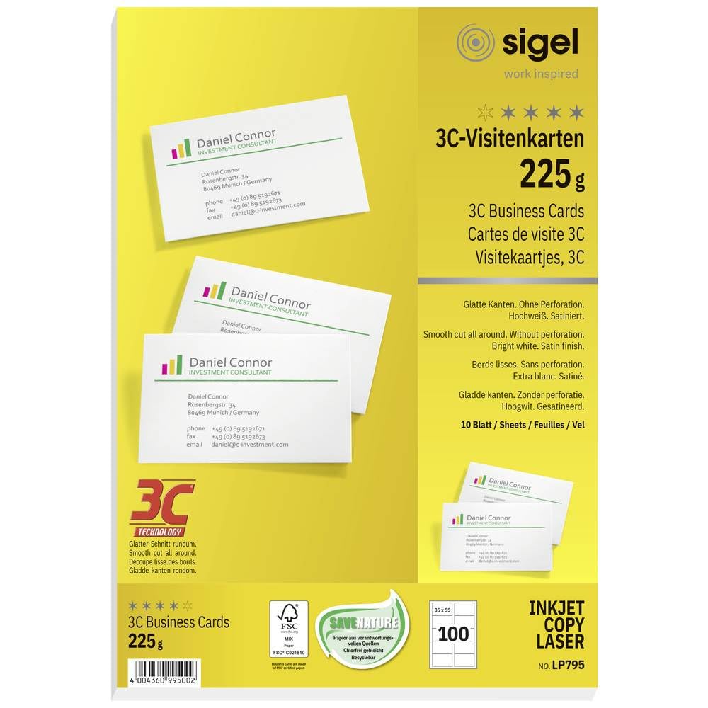 Sigel LP795: bedruckbare Visitenkarten (85 × 55 mm), glatte Kanten, hochweiß, 225 g/m²