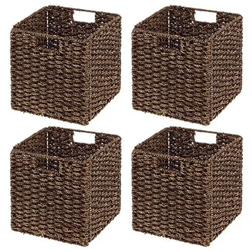Mdesign Seagrass Woven Cube Basket Organizer With Handles - Storage For Bedroom, Office, Living Room, Bathroom, Perfect For Cubby Storage Units - Hold Blankets, Magazines, Books - 4 Pack - Brown Wash #TOP7