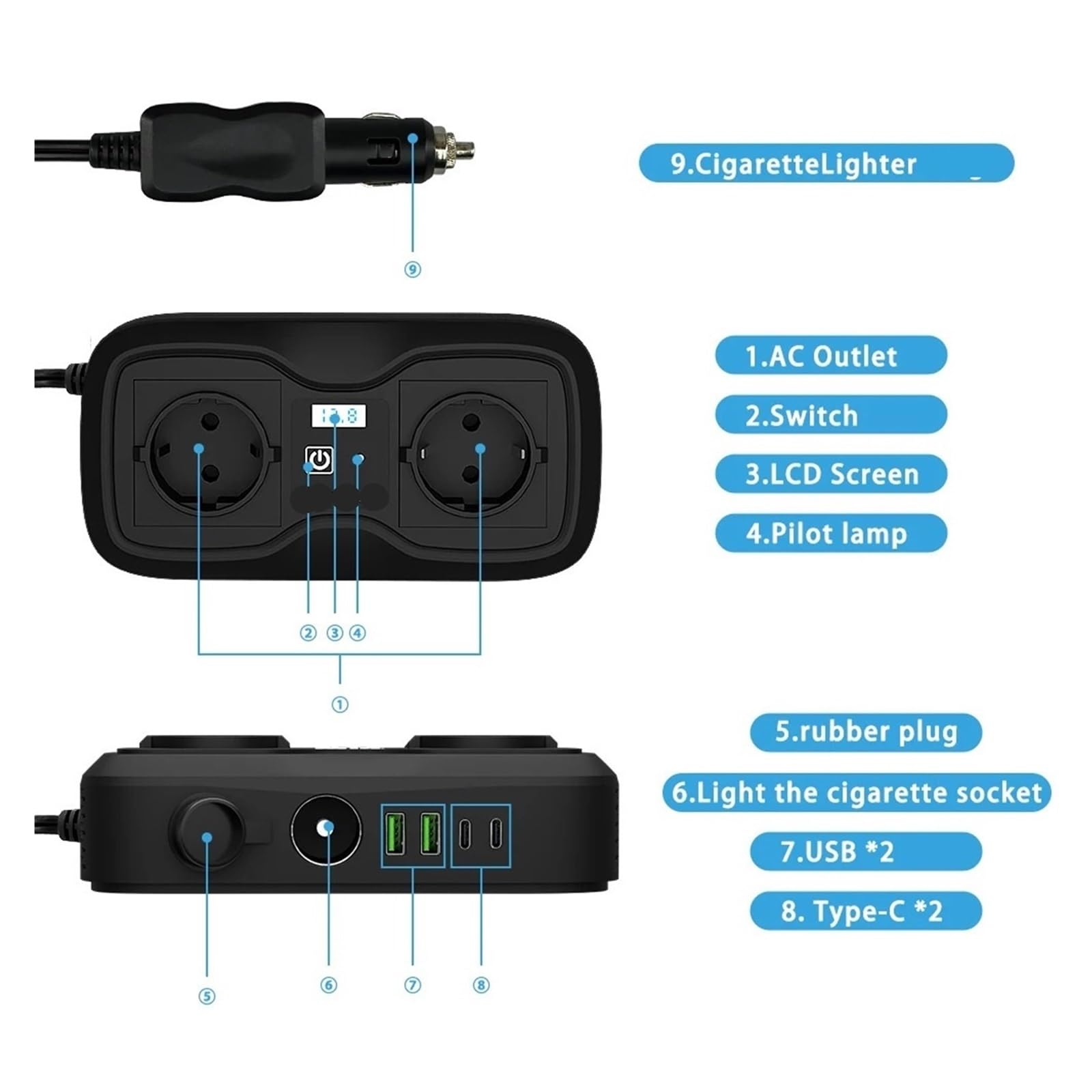 Gniazda wyświetlacza LED DC do AC 400 W szczytowe Inwerter zasilania samochodowego Konwerter adaptera Podwójny USB typu C Kemping na świeżym powietrzu