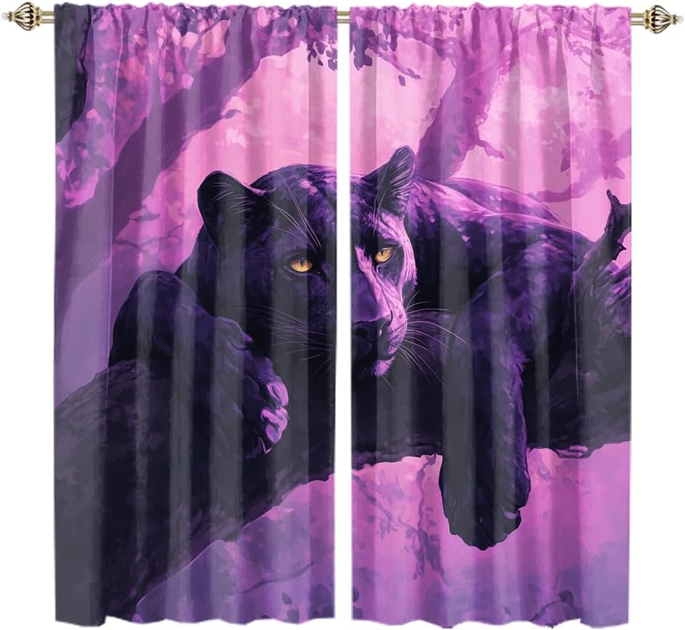 Abstract African Animal Panther Blackout Curtains,Rustic Purple Theme Forest Animal Panther Window Treatments Rod Pocket Thermal Insulated Room Blackout Curtains for Bedroom 2 Panels 45"L x 21"W