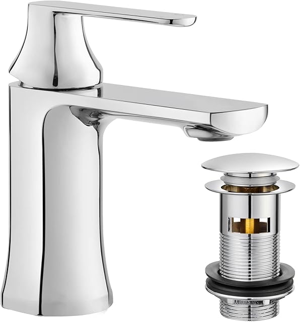 Basin Mixer Taps with Waste, BATHWEST Bathroom Sink Tap for Basin with Drain, Chromed Brass Modern Basin Tap with Sink Plug 732W