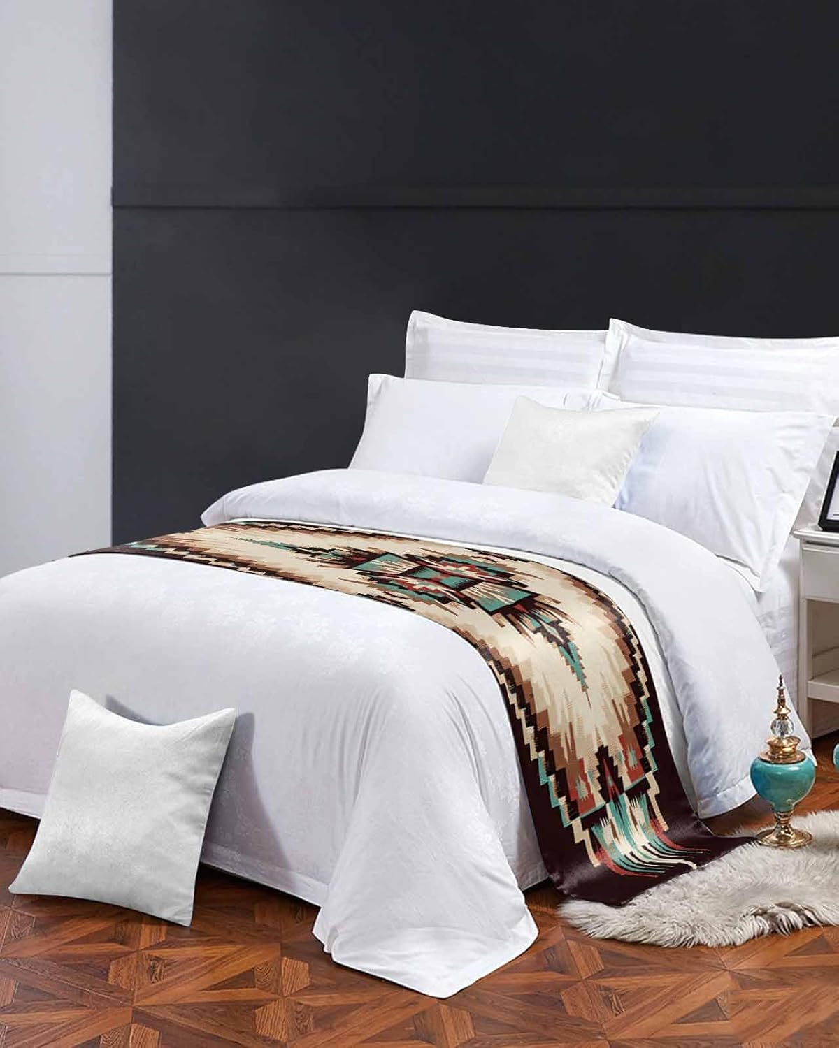 Abstract Aztec Bed Runner Scarf Cal King Size,Southwest Geometric Retro Native American Luxury Bed Throw Runners & Scarves for Twin Full Queen King Foot of Bed Bedroom Hotel Wedding,102"x20"