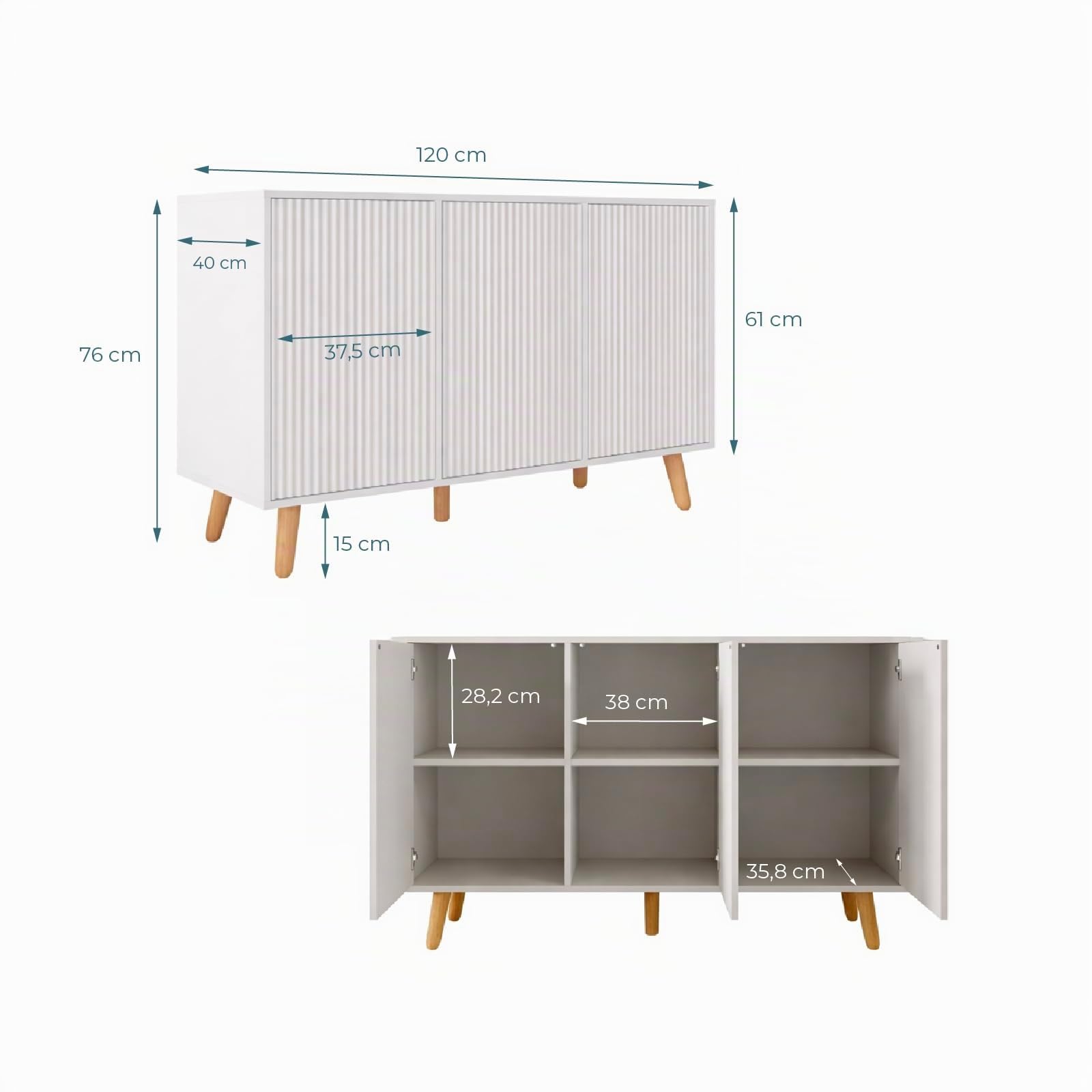 MB Muebles Bonitos | Aparador Salón Blanco 120 cm Renzo | Mueble Auxiliar Diseño Acanalado 3 Puertas con Patas de Madera | Estilo Nórdico Moderno para Comedor | 120x76x40 cm