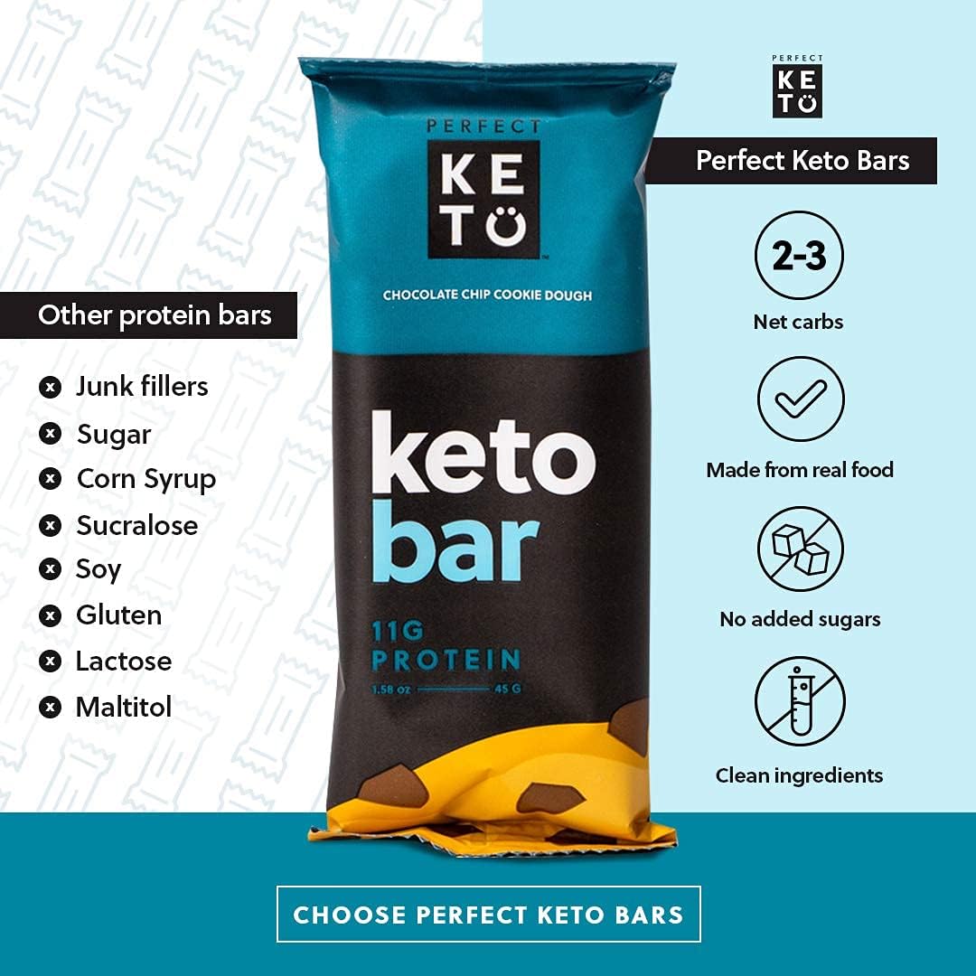 Perfect Keto Bars - The Cleanest Keto Snacks with Collagen and MCT. No Added Sugar, Keto Diet Friendly - 3g Net Carbs, 18g Fat, 11g protein - Keto Diet Food Dessert (Chocolate Chip, 12 Bars)