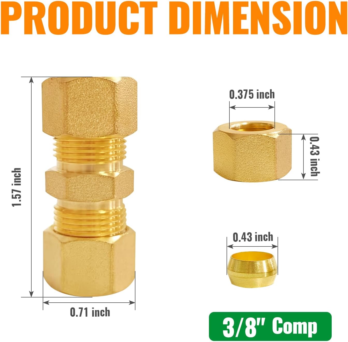 SUNGATOR 2-Pack 3/8 Inch Brass Compression Tube Fittings, 3/8" x 3/8" OD Compression Union, Straight Coupling Adapter