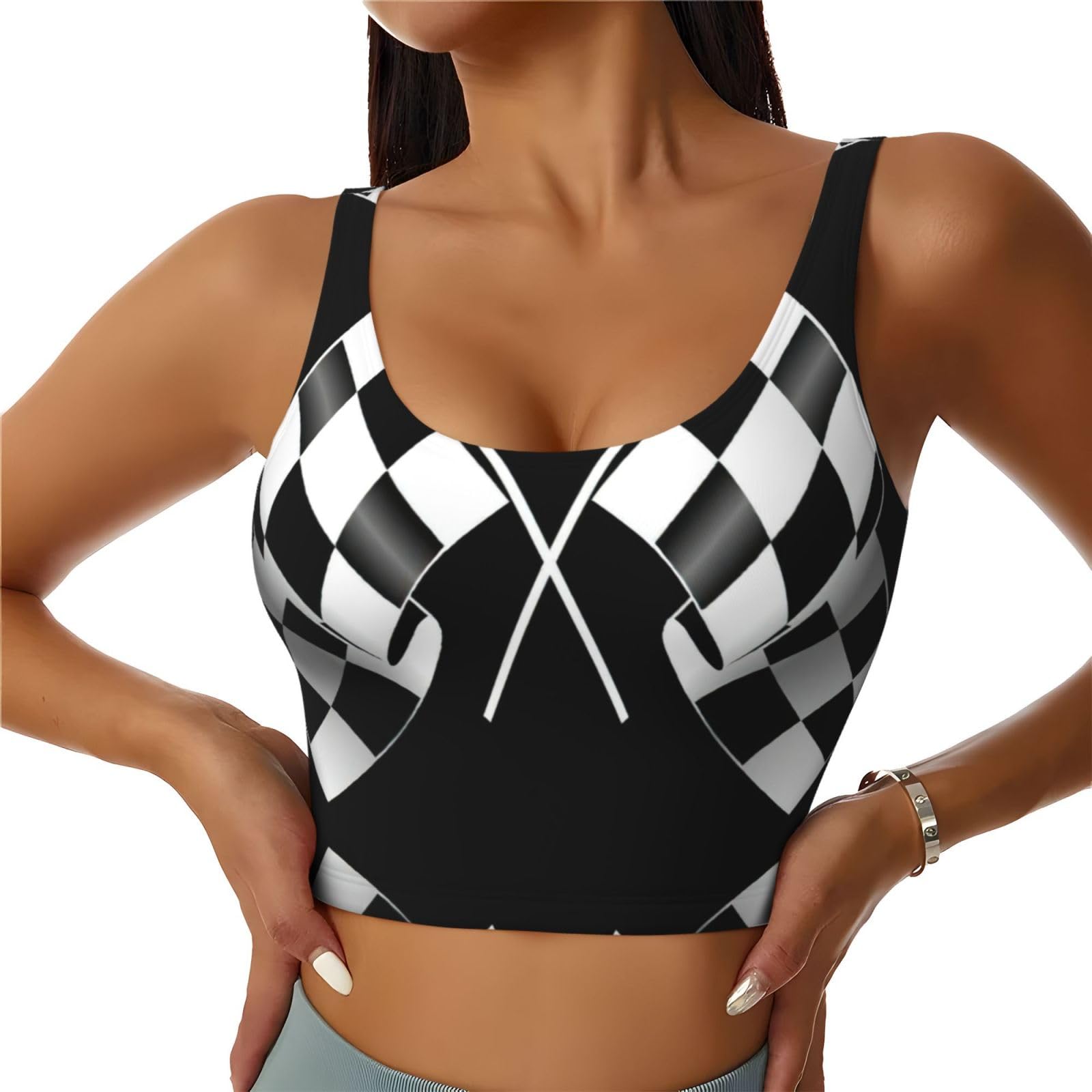 Mdatt Women's Black White Formula Checkered Flags Pattern Printing Summer Lightweight Running Vest Outerwear Sleeveless Top For Sport Golf Hiking Travel