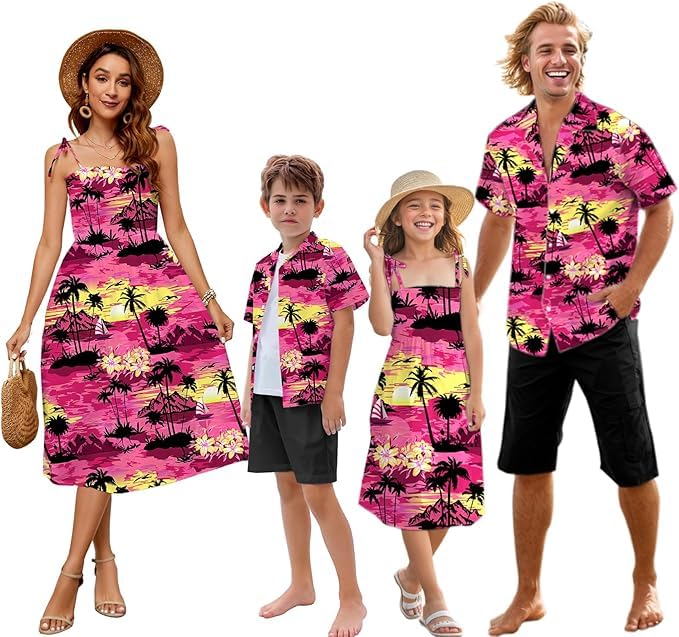 Family Matching Hawaiian Outfits, Dad and Son Beach Vacation Shirts Mommy Daughter Dress, 2T - X-Large